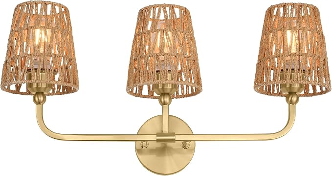 3-Light Bathroom Light Fixtures, Brushed Gold Rattan Vanity Lights by Metwet