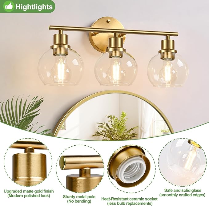 3-Light Bathroom Light Fixtures, Brushed Gold Modern Vanity Lights Over Mirror - Image 3