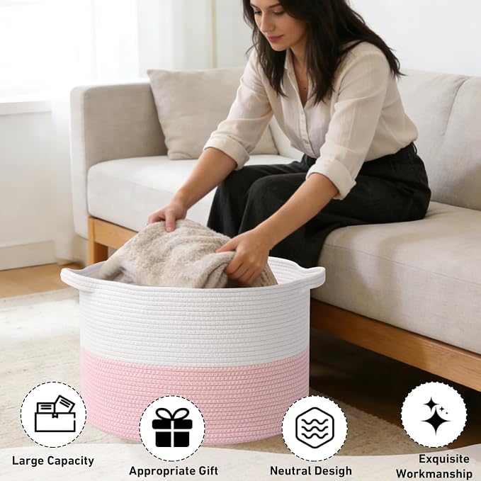 115L Large Blanket Basket, 23.6" L x 23.6" W x 15.7" H Rope Woven Baskets - Image 4