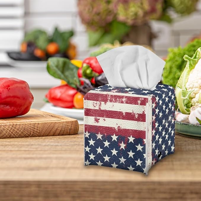 American Tie Dye Minimalist Tissue Box Holder, Square PU Leather Napkin - Image 5