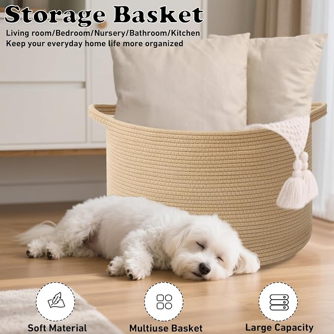65L Large Blanket Basket, 19.7" L x 19.7" W x 13" H Rope Woven Baskets - Image 6