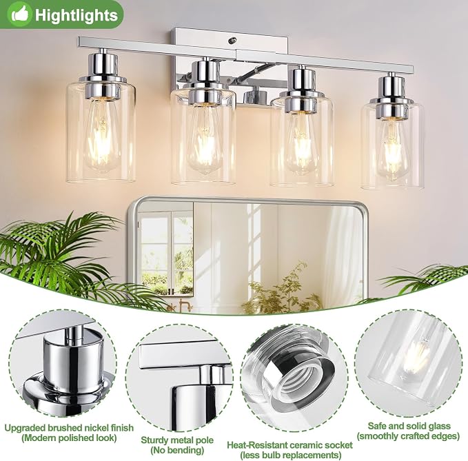 4 Light Bathroom Light Fixtures, Chrome Vanity Lights - Image 3