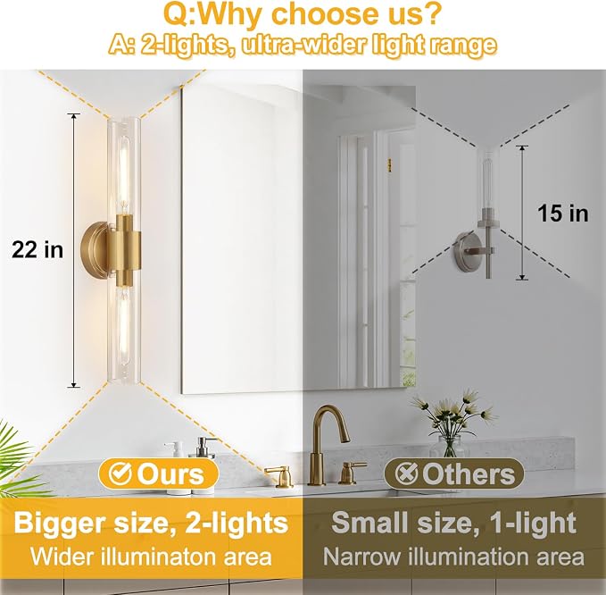 Wall Sconces Set of Two, Brushed Gold Bathroom Sconces Wall Lighting - Image 5