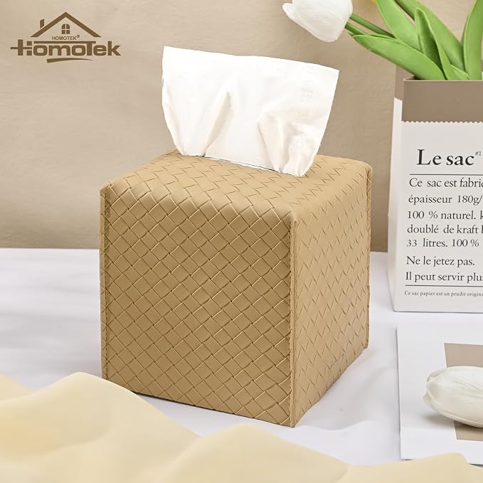 HOMOTEK 2 Pack Tissue Box Cover, Square PU Leather Tissue Holder, Decorative - Image 3