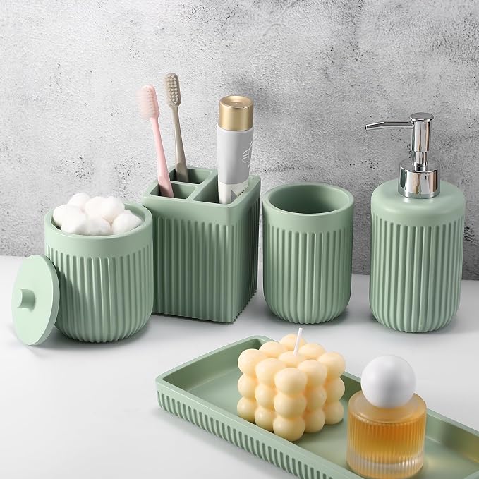 Resin Light Green Bathroom Accessories Set 5 Pcs, Lotion Soap Dispenser by BetterbathroomwithXLHOME