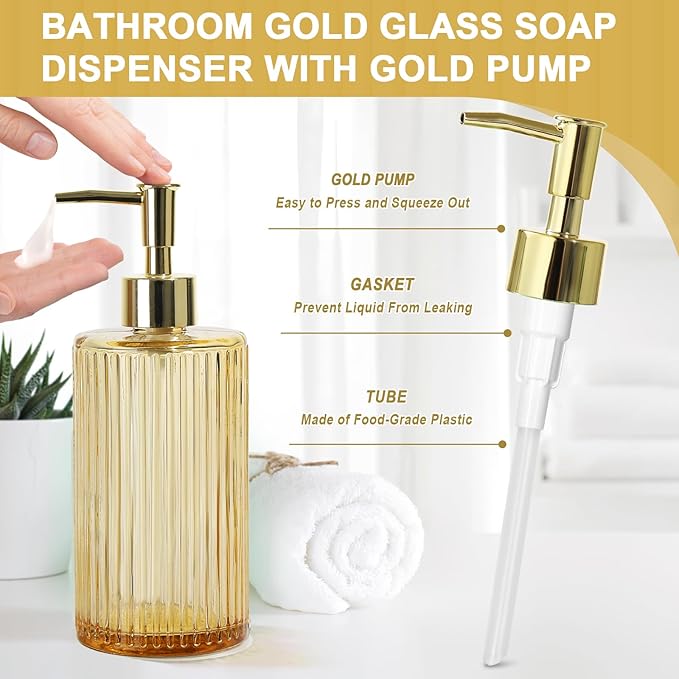 Gold Bathroom Accessories 4 Pcs, Qtip Holder Set, Glass Bathroom Soap Dispenser - Image 3