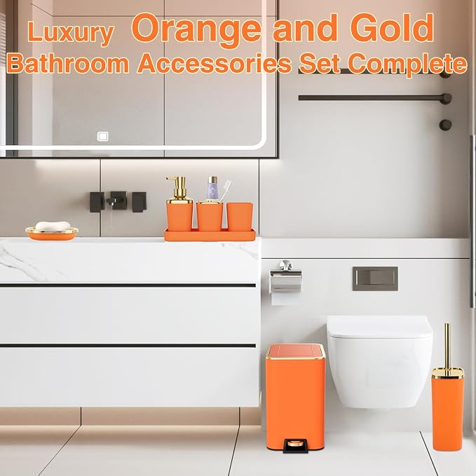 Bathroom Accessories 8 Piece Orange and Gold Bathroom Set, Bath Accessories - Image 6