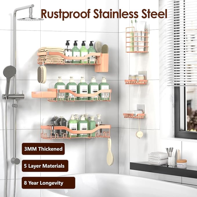 Shower Caddy Adhesive Shower Organizer 8-Pack, Rustproof Stainless Steel - Image 5