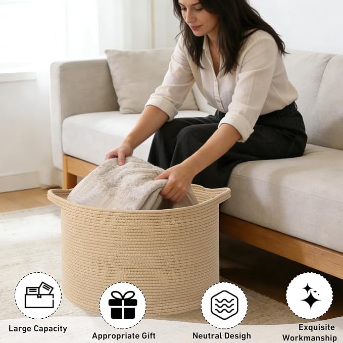 65L Large Blanket Basket, 19.7" L x 19.7" W x 13" H Rope Woven Baskets - Image 4