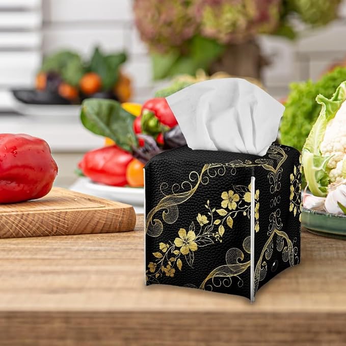 Black Marble Flower Tissue Box Holder Stylish Leather Square Tissue Box Cover - Image 5
