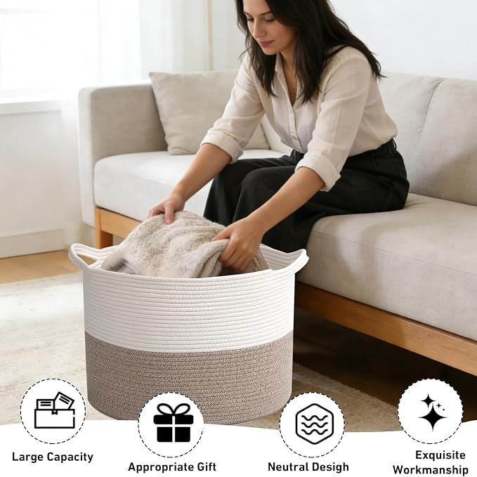 115L Large Blanket Basket, 23.6" L x 23.6" W x 15.7" H Rope Woven Baskets - Image 4