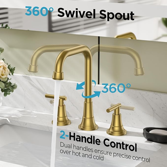 FORIOUS 3 Hole 8 Inch Widespread Bathroom Faucet in Brushed Gold - Image 5