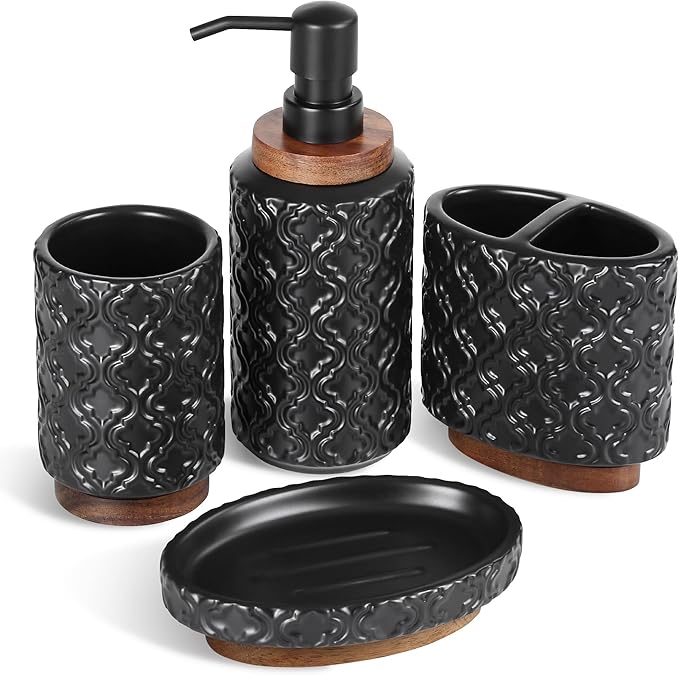 Elegant Bathroom Accessories Set 4 PCS Ceramic and Wood Bathroom Accessory Set by RQYIXI