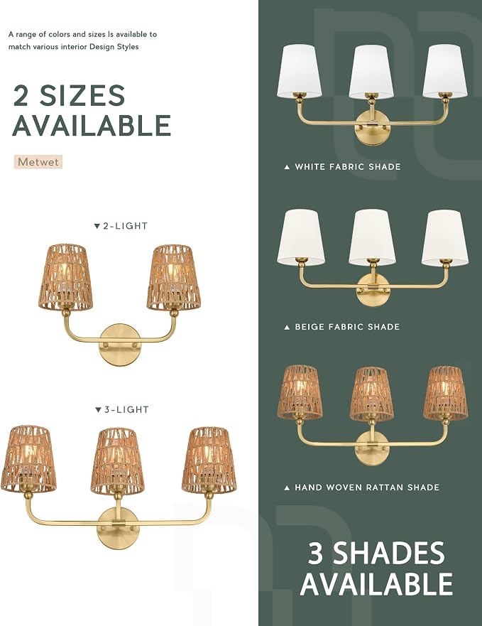 3-Light Bathroom Light Fixtures, Brushed Gold Rattan Vanity Lights - Image 8