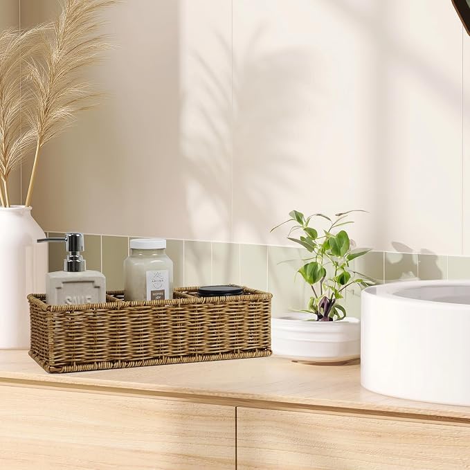 Waterproof Wicker Basket With 3 Compartments, Hand Woven Bathroom Counter - Image 7