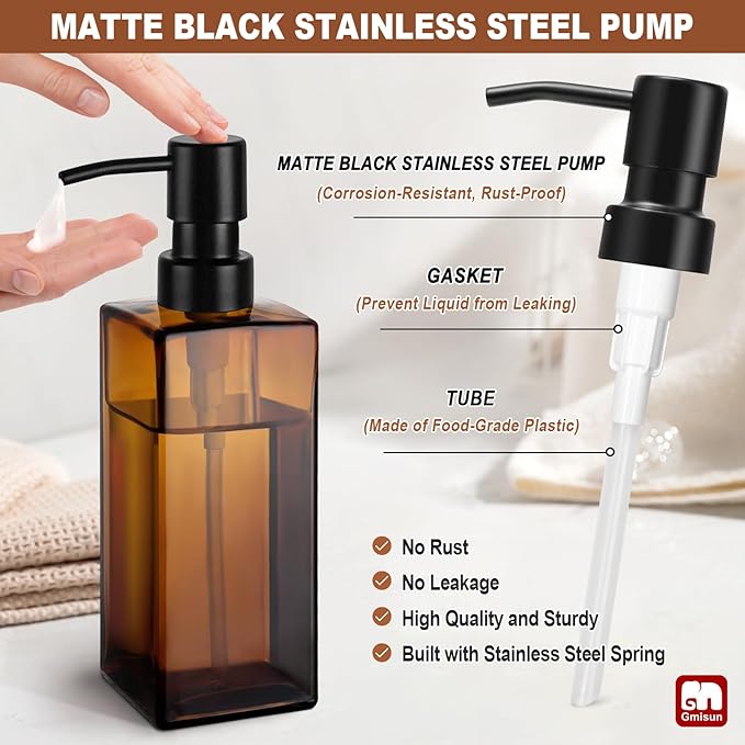 GMISUN Amber Glass Soap Dispenser, Hand Soap Dispenser - Image 3