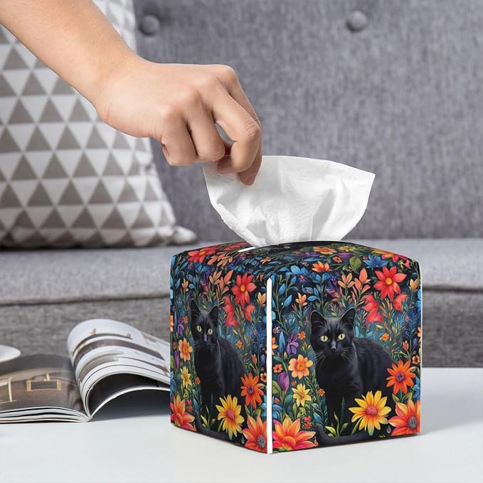 Colorful Florals Black Cat Tissue Box Cover Flower Daisy Square Leather Tissue - Image 6