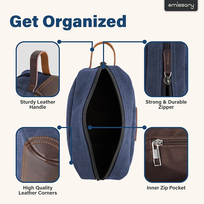 emissary Men's Toiletry Bag, Leather and Canvas Travel Toiletry Bag, Dopp Kit - Image 2