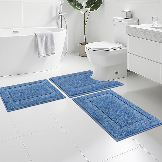SHACOS 3 Piece Blue Bathroom Rugs Sets, Non Slip Soft Fluffy 16"x24" + 20"x32" - Image 2