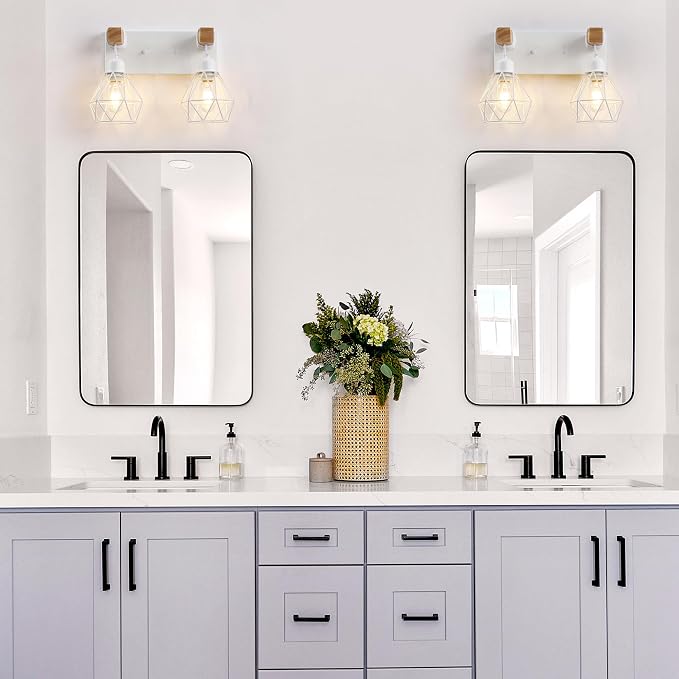 White Bathroom Vanity Light Fixtures, 2-Light Wood Bathroom Light Fixtures Over - Image 5