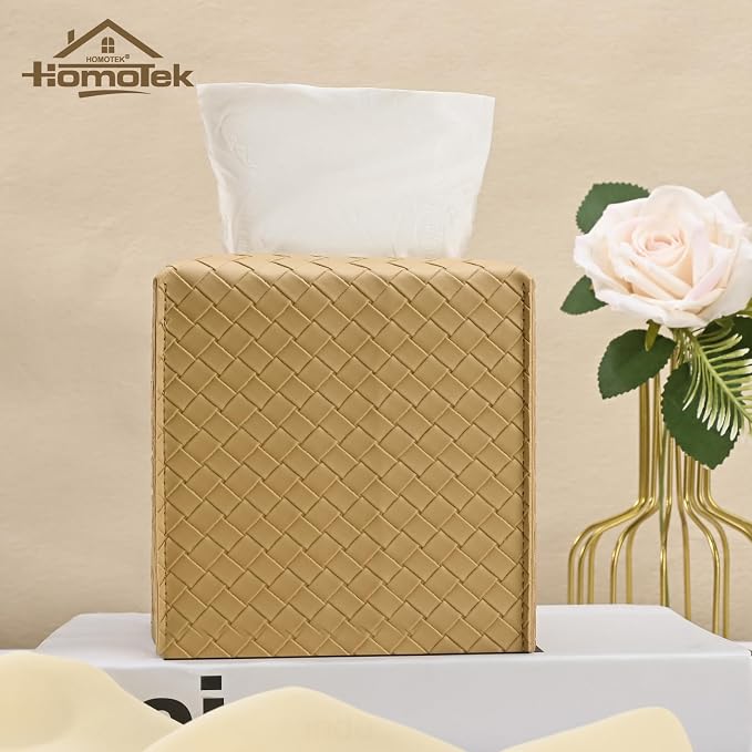 HOMOTEK 2 Pack Tissue Box Cover, Square PU Leather Tissue Holder, Decorative - Image 5