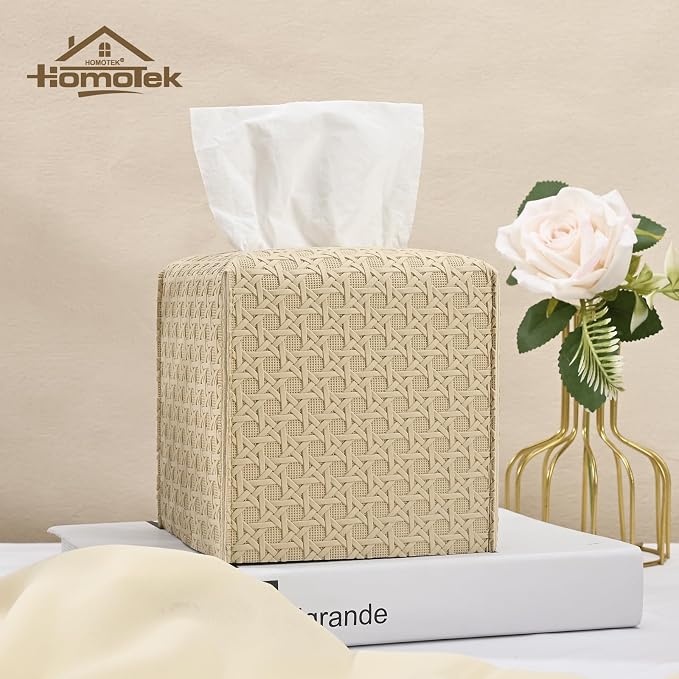 HOMOTEK 2 Pack Tissue Box Cover, Square PU Leather Tissue Holder, Decorative - Image 3