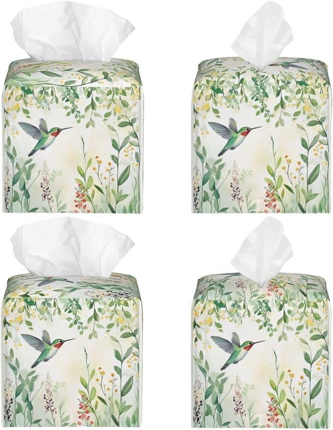 Green Leaves Hummingbird Spring Tissue Box Cover Watercolor Floral Square - Image 2