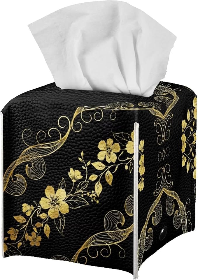 Black Marble Flower Tissue Box Holder Stylish Leather Square Tissue Box Cover - Image 2