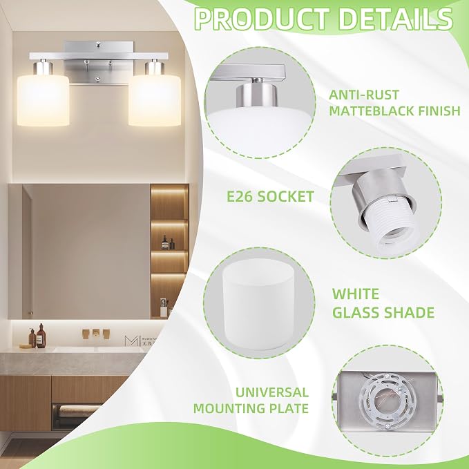 CANMEIJIA 2-Light Bathroom Vanity Light Fixtures Brushed Nickel, Morden Vanity - Image 3
