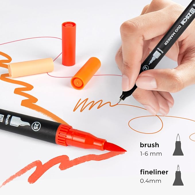 Orange Duo Tip Marker Pens, 12 Pack Fine & Brush Markers - Image 2