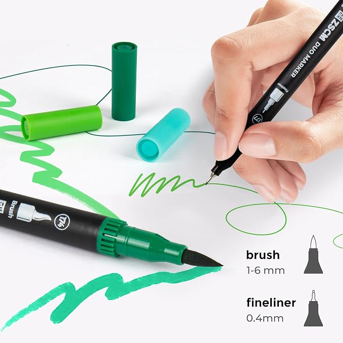 Green Duo Tip Marker Pens, 12 Pack Fine & Brush Markers - Image 2