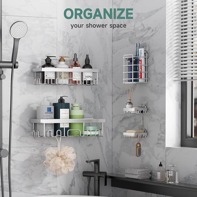 Veken Adhesive Shower Caddy 5-Pack, Heavy Weight Bearing, Large Wall Mounted - Image 5
