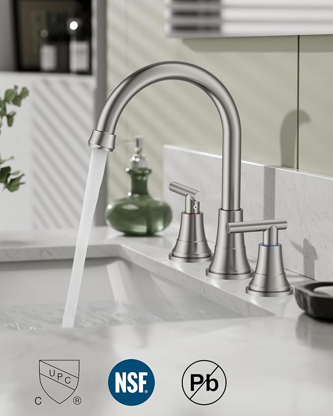 FORIOUS Brushed Nickel Bathroom Faucet 3 hole, 2 Handle 360° Swivel Gooseneck 8 - Image 2