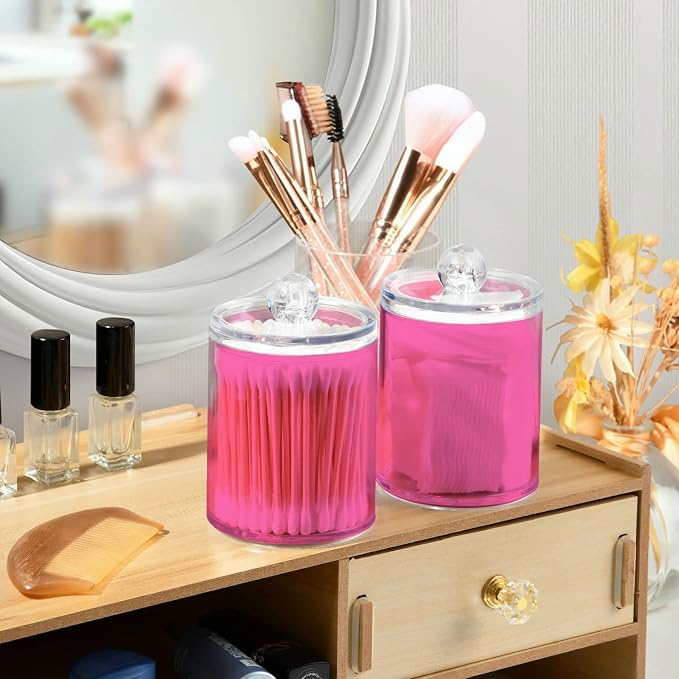 Hot Pink Qtip Holder Organizer Dispenser Cotton Swabs Cans Plastic Jars - Image 6