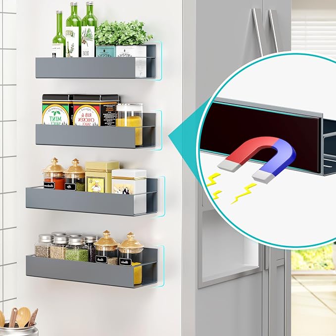 4 Pack Moveable Fridge Magnetic Spice Racks, Metal Grey - Image 6