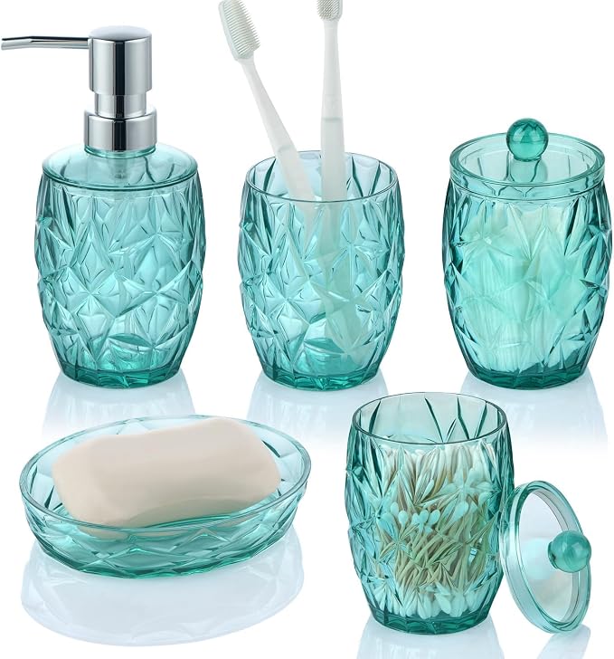 Shatterproof Acrylic Teal Blue Bathroom Accessories Set – Glass-Free, 5-Piece by Yueranhu