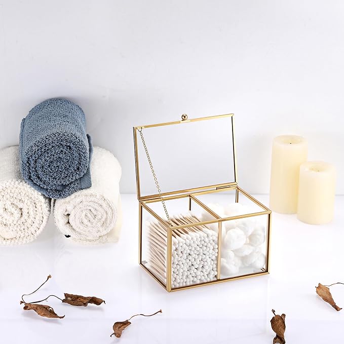 Hipiwe 2 Slots Glass Qtip Holder Gold Q-tip Storage Box - Image 2