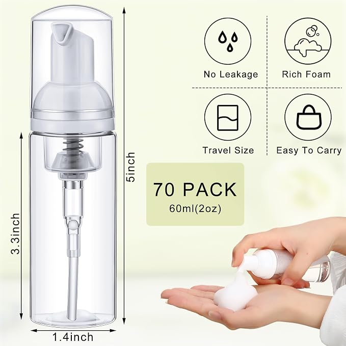 70 Pcs 2 oz Plastic Foam Soap Dispensers Refillable Lash Shampoo Bottles - Image 2