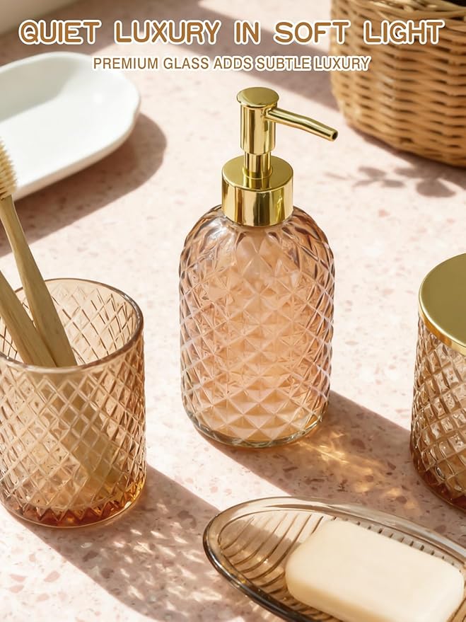 Haturi Amber Brown Bathroom Accessories Set, Toothbrush Holder, Qtip Holder - Image 3