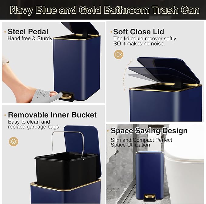 Navy Blue Bathroom Accessories Set 8 Piece Navy Blue and Gold Bathroom Set - Image 3