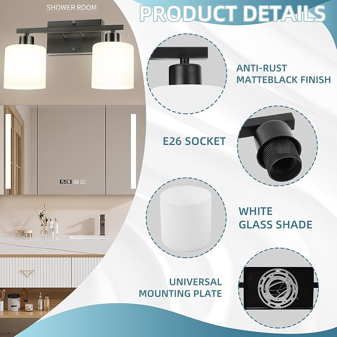 CANMEIJIA 2-Light Bathroom Vanity Light Fixtures, Matte Black Vanity Wall - Image 3