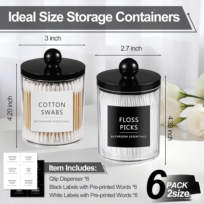 SheeChung 6 Pack Acrylic Qtip Holder Dispenser, Bathroom Jars - Image 4