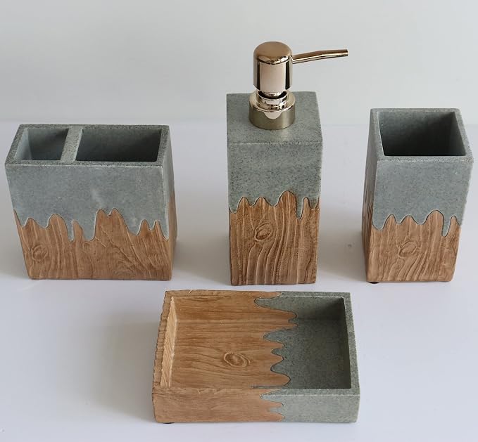 Hymmah Bathroom Accessories Set, Wooden Design Toothbrush Holder, Farmhouse - Image 3