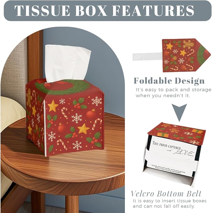 Christmas Tissue Box Cover Funny Cartoon Cute Red Xmas Holly Leather Tissue Box - Image 2