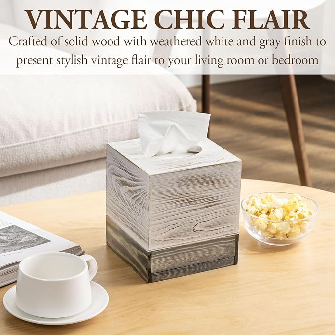 MyGift Coastal Chic Square Tissue Box Cover, Two-Tone Whitewashed Solid Wood - Image 3