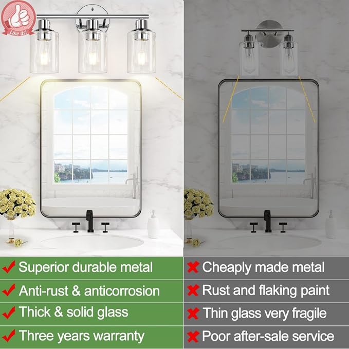 3-Light Bathroom Light Fixtures, Chrome Bathroom Wall Light - Image 3
