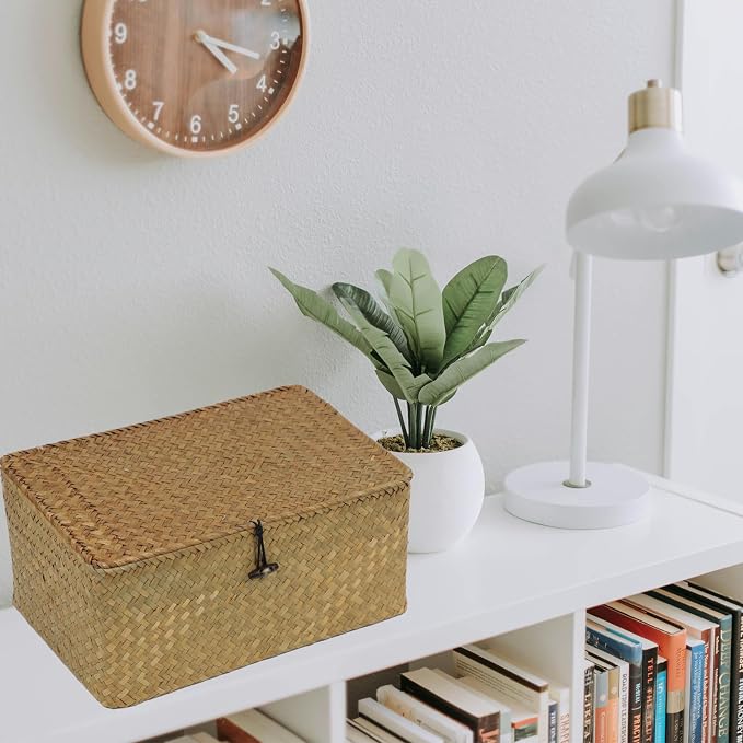 Wicker Storage Basket with Lid, Natural Seagrass Woven Shelf Basket - Image 3