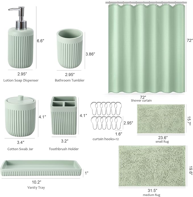 Light Green Bathroom Sets with Shower Curtain and Rugs, 8-Piece Resin Bathroom - Image 7