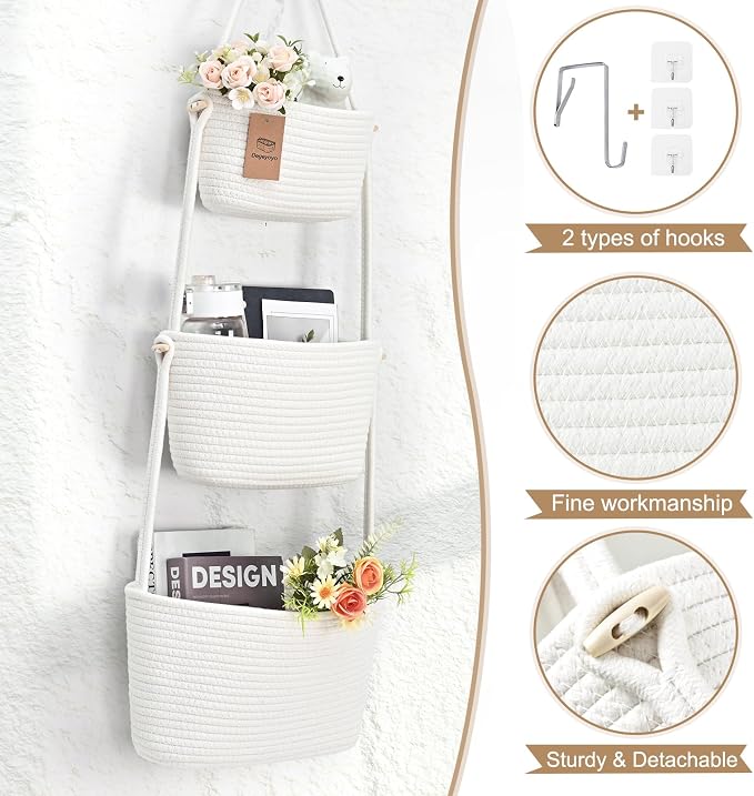 Hanging Storage Baskets, Over the Door Basket, Cotton Wall Baskets Storage - Image 9