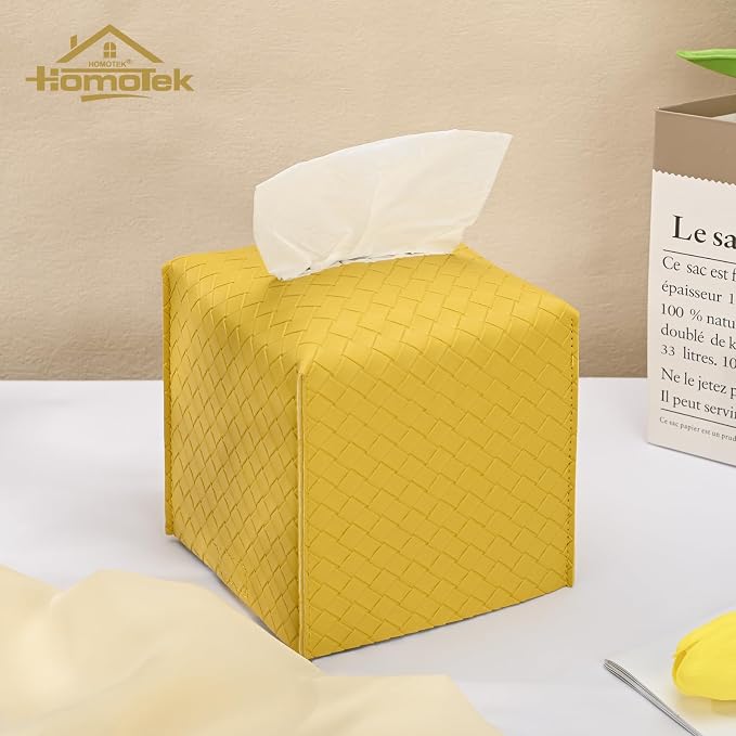 HOMOTEK 2 Pack Tissue Box Cover, Square PU Leather Tissue Holder, Decorative - Image 3